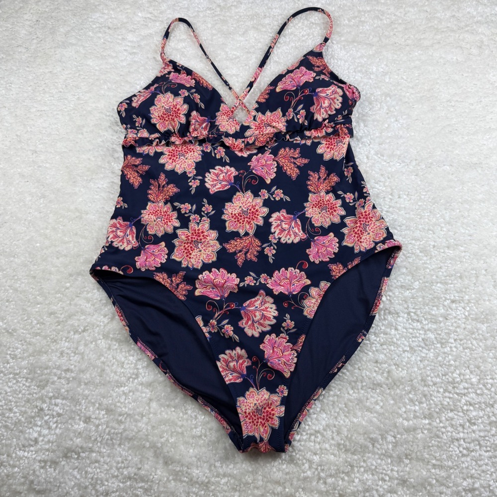 Old Navy One Piece Swimsuit Womens XXL Navy Blue Vintage Flower V-Neck NWT‎